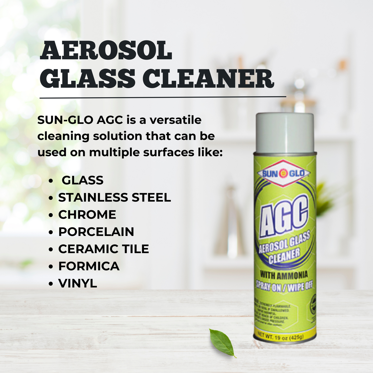 SUN-GLO Aerosol Glass Cleaner (AGC) - Ammonia Fortified Aerosol Glass & Multi-Surface Cleaner Spray Polish for All-Natural Sparkling, Brilliant, Streak-Free Shines