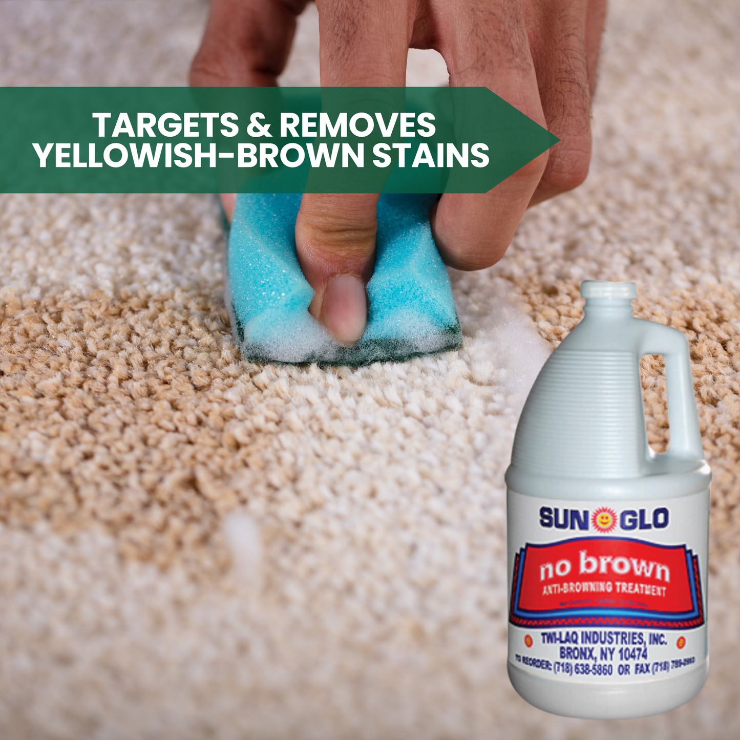 SUN GLO No Brown - Anti-Browning Treatment Carpet Stain Remover and Cleaner Solution, for Fresh and Vibrant Carpets (4x1 Gallon Case)