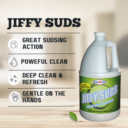 SUN-GLO Jiffy Sudz - Essential Dishwashing Liquid for Sparkling Dishes & Glassware - Gentle on Hands (4x1 Gallon Case)