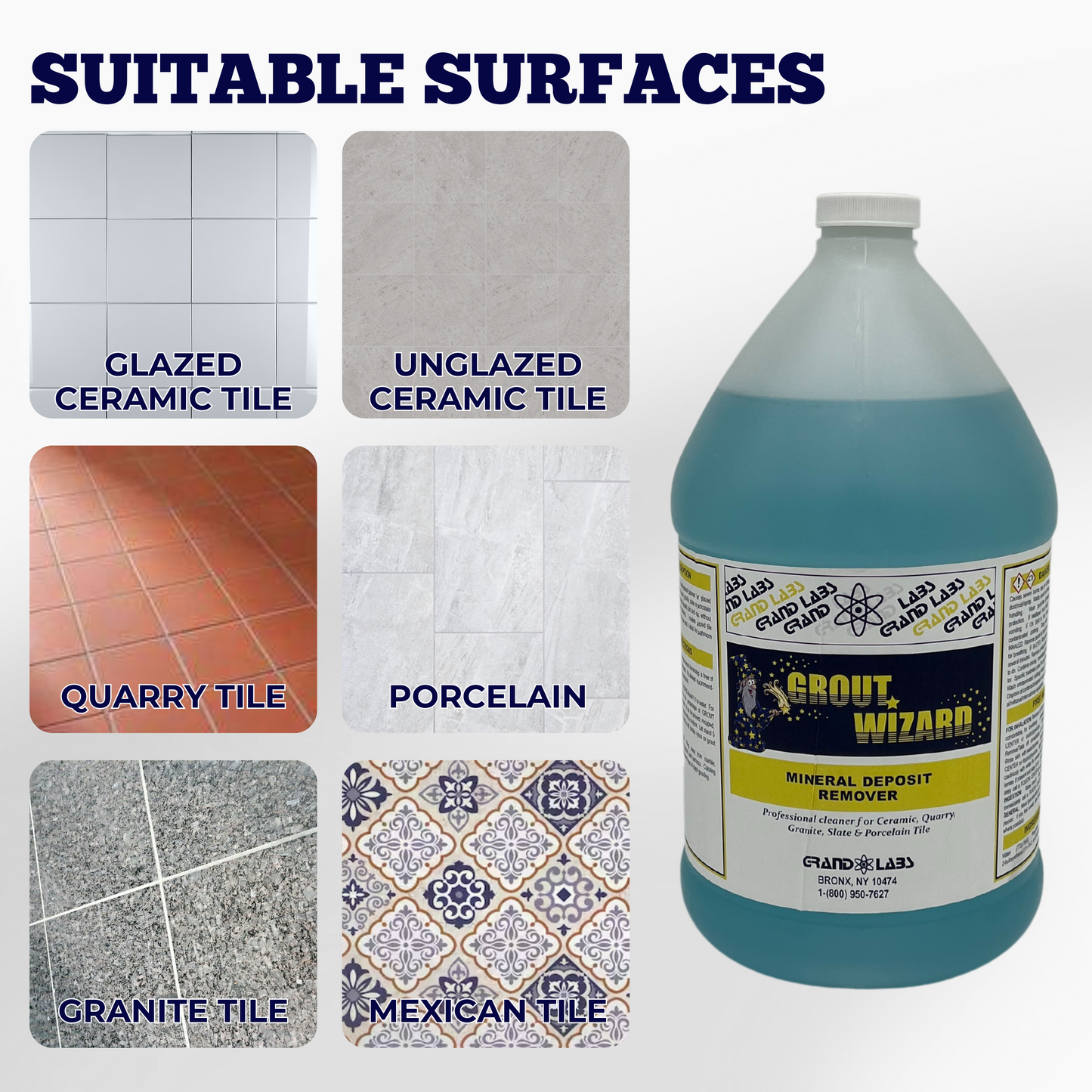 STONE-GLO Grout Wizard | by Grand Labs Grout Radiance Ultra - Premium Mineral Deposit Grout Cleaner & Stain Remover for Ceramic, Quarry, Granite, Slate and Porcelain Tile Finish