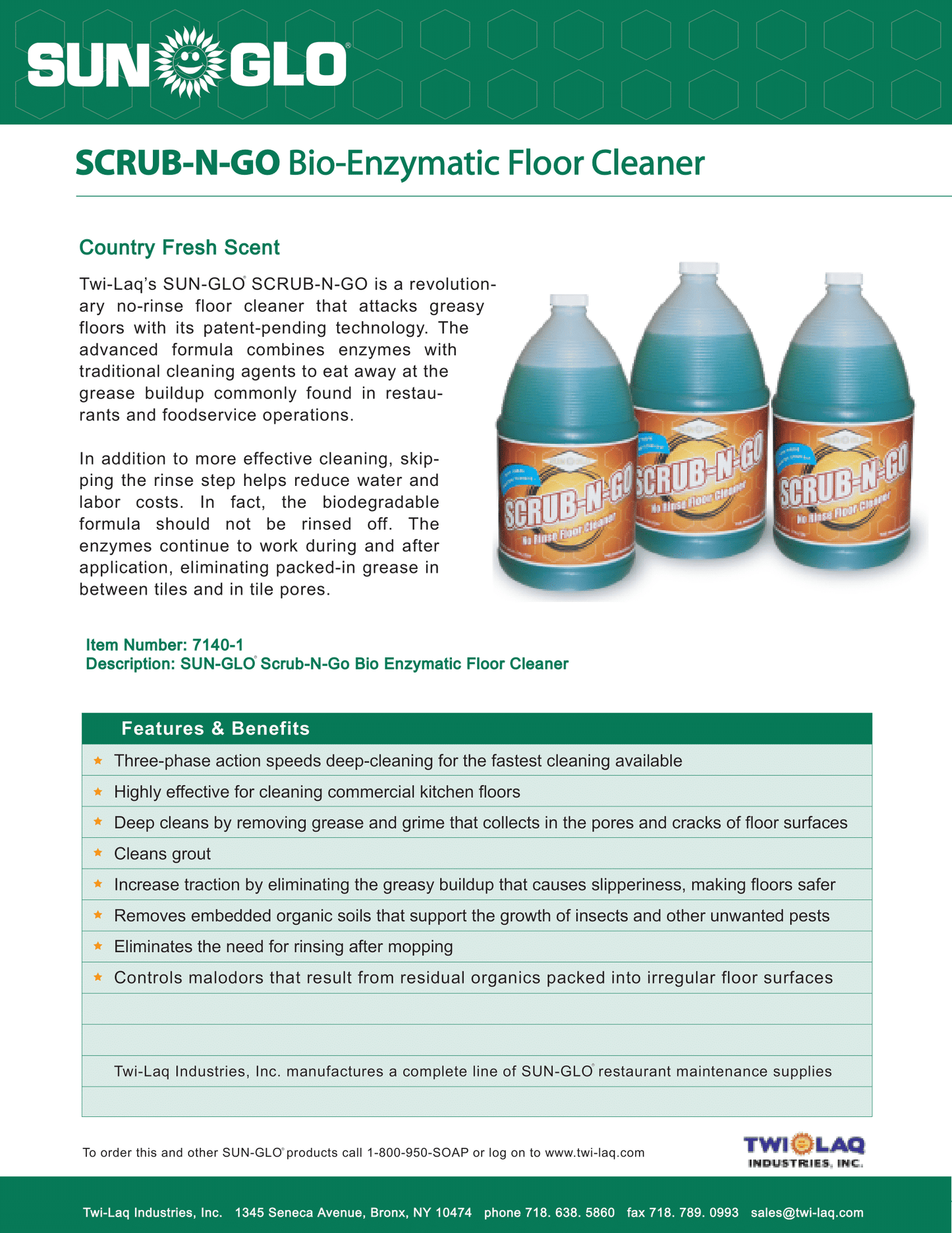 SUN-GLO Scrub-N-Go - Bio-Enzymatic Multi-Surface Cleaner, No Rinse for Floor Cleaner, Grout Cleaner, and Tile Cleaner, Ideal for Kitchen Cleaner (4x1 Gallon Case)
