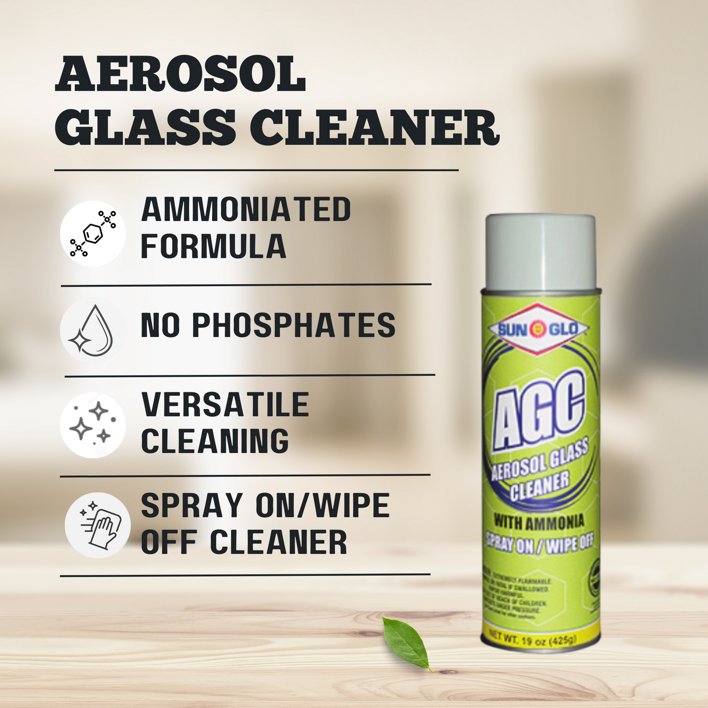 SUN-GLO Aerosol Glass Cleaner (AGC) - Ammonia Fortified Aerosol Glass & Multi-Surface Cleaner Spray Polish for All-Natural Sparkling, Brilliant, Streak-Free Shines