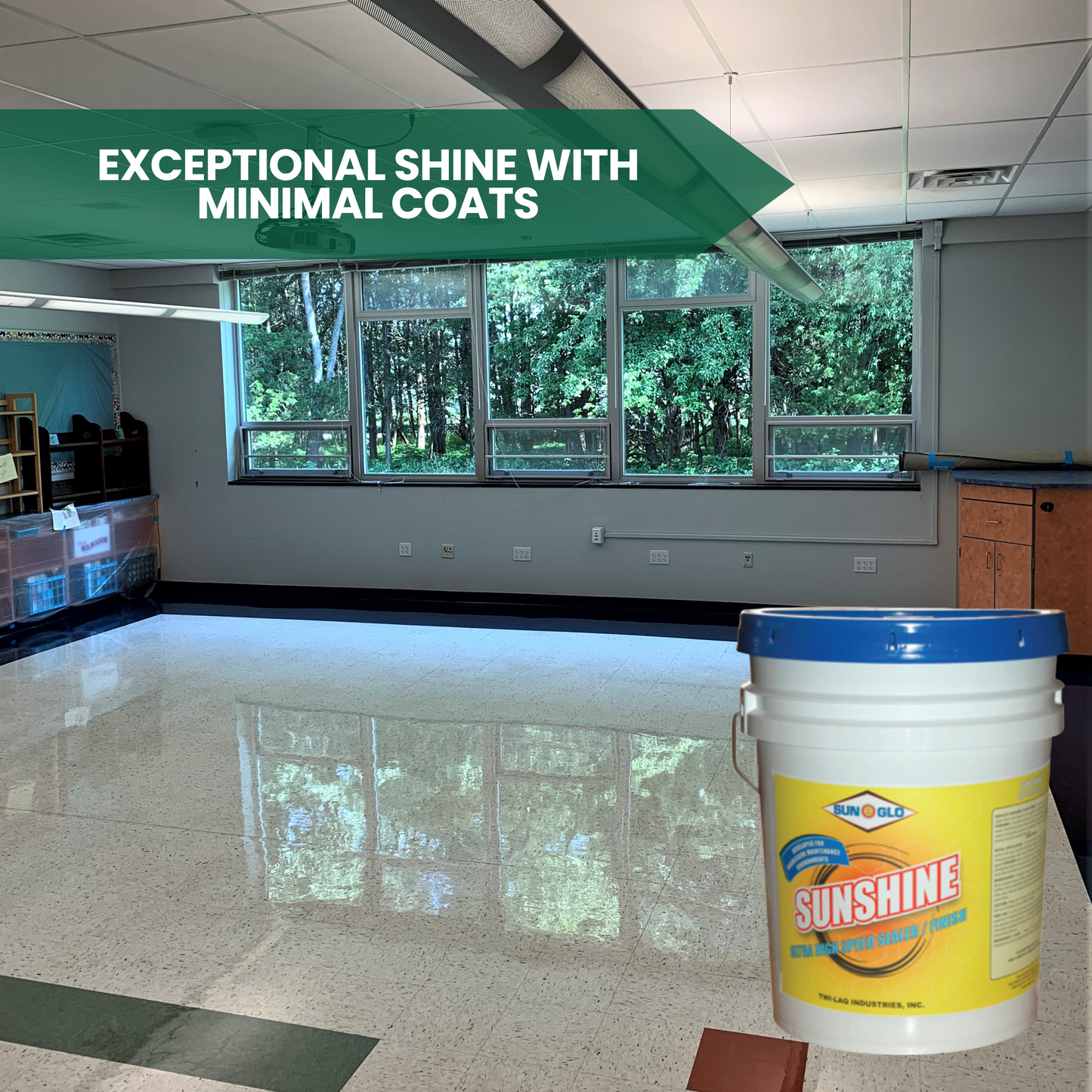 SUN-GLO Sunshine  - Floor Finish,  Wet-Look Floor Finish with High Solids Formula for Exceptional Film Clarity, Repels Soil and Scratches - 5 Gallon Pail