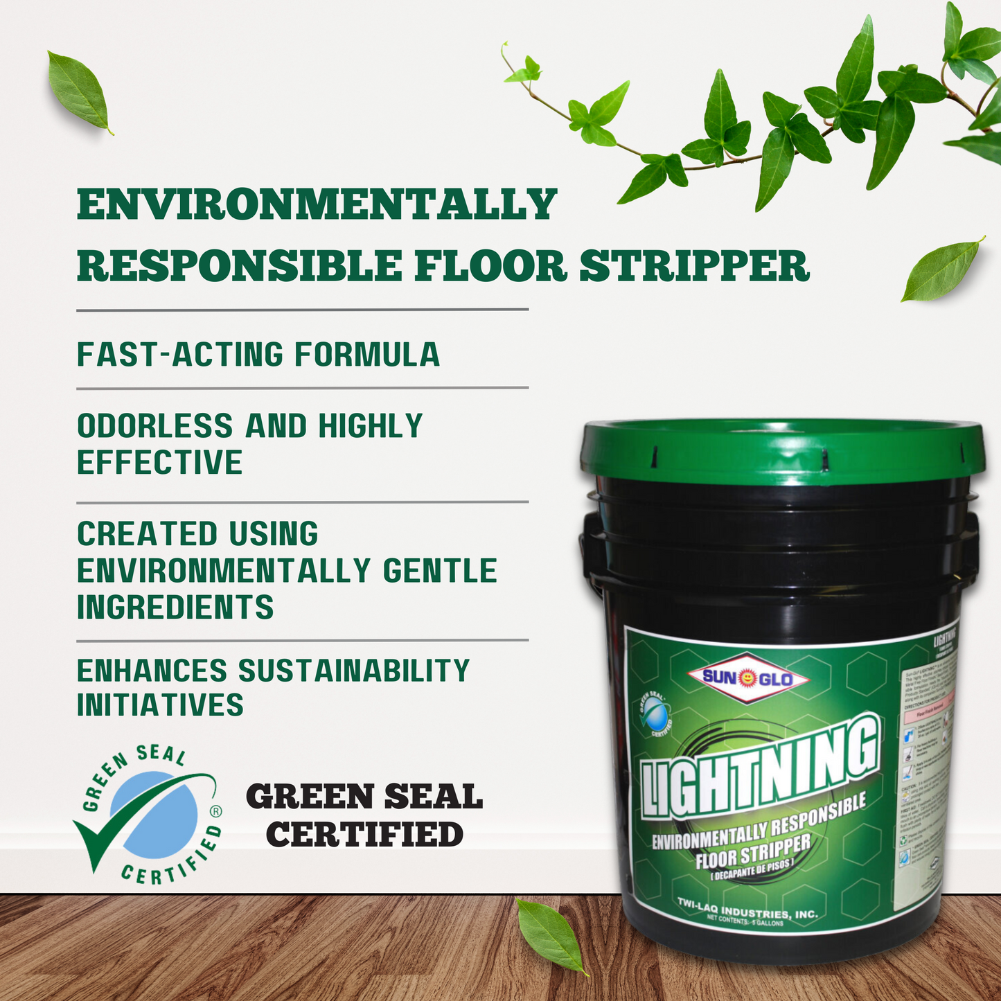 SUN-GLO Lightning - Floor Stripper - Industrial Strength, Fragrance-Free, Low VOC, Highly Concentrated Wax Suitable for All Resilient Surfaces (5 Gallon Pail)