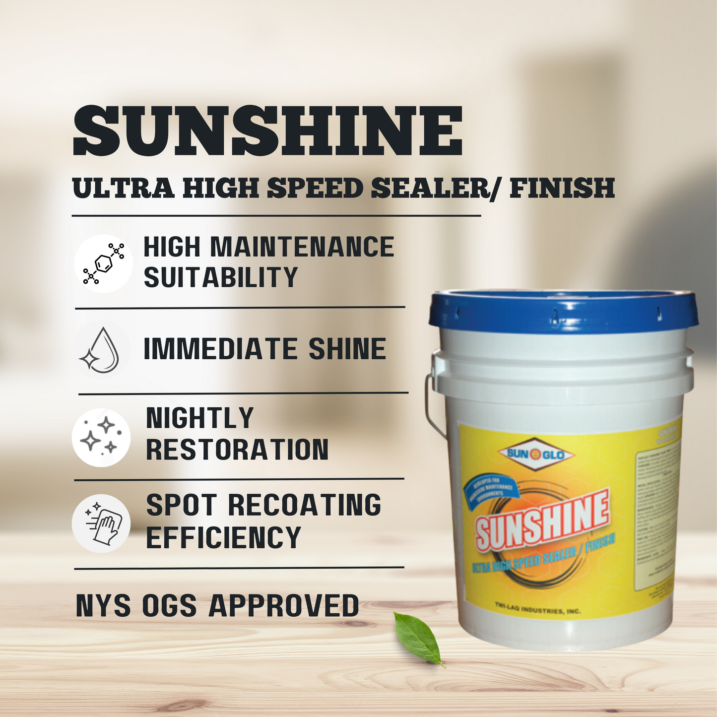 SUN-GLO Sunshine  - Floor Finish,  Wet-Look Floor Finish with High Solids Formula for Exceptional Film Clarity, Repels Soil and Scratches - 5 Gallon Pail