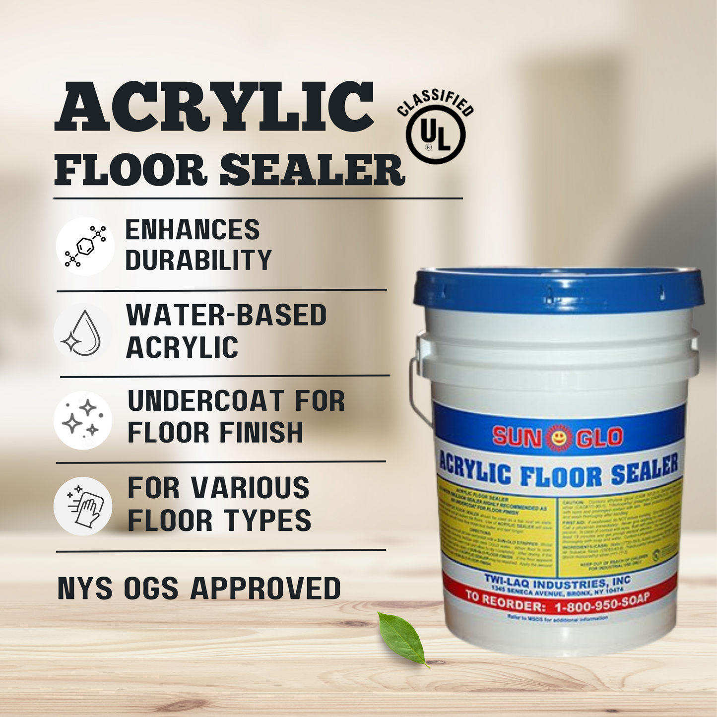 SUN-GLO Acrylic Floor Sealer - Floor Marble, Terrazzo, Resilient Tile Cleaner, Floor Finish, Enhance Durability - 5 Gallons Pail