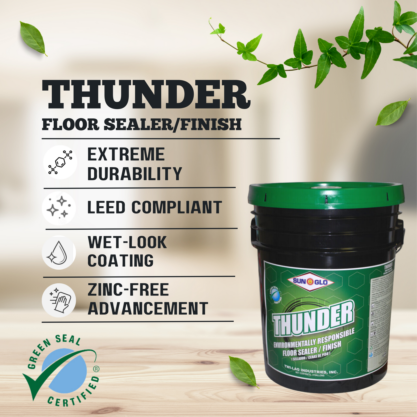 SUN-GLO Thunder - Green Seal Certified (GS-40) Floor Finish - 5 Gallon Pail