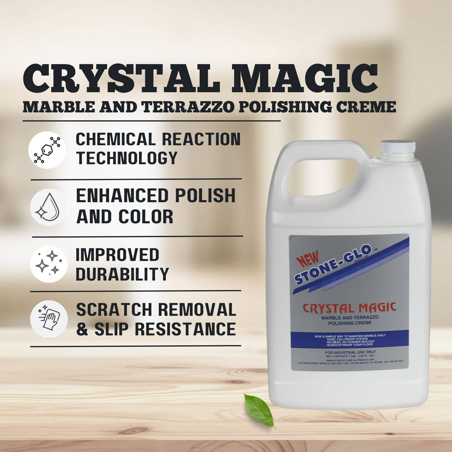 STONE-GLO Crystal Magic - Improve Marble, Travertine & Terrazzo Floor - Polishing Tile Cleaner, Light Scratch Removal (4x1 Gallon Case)