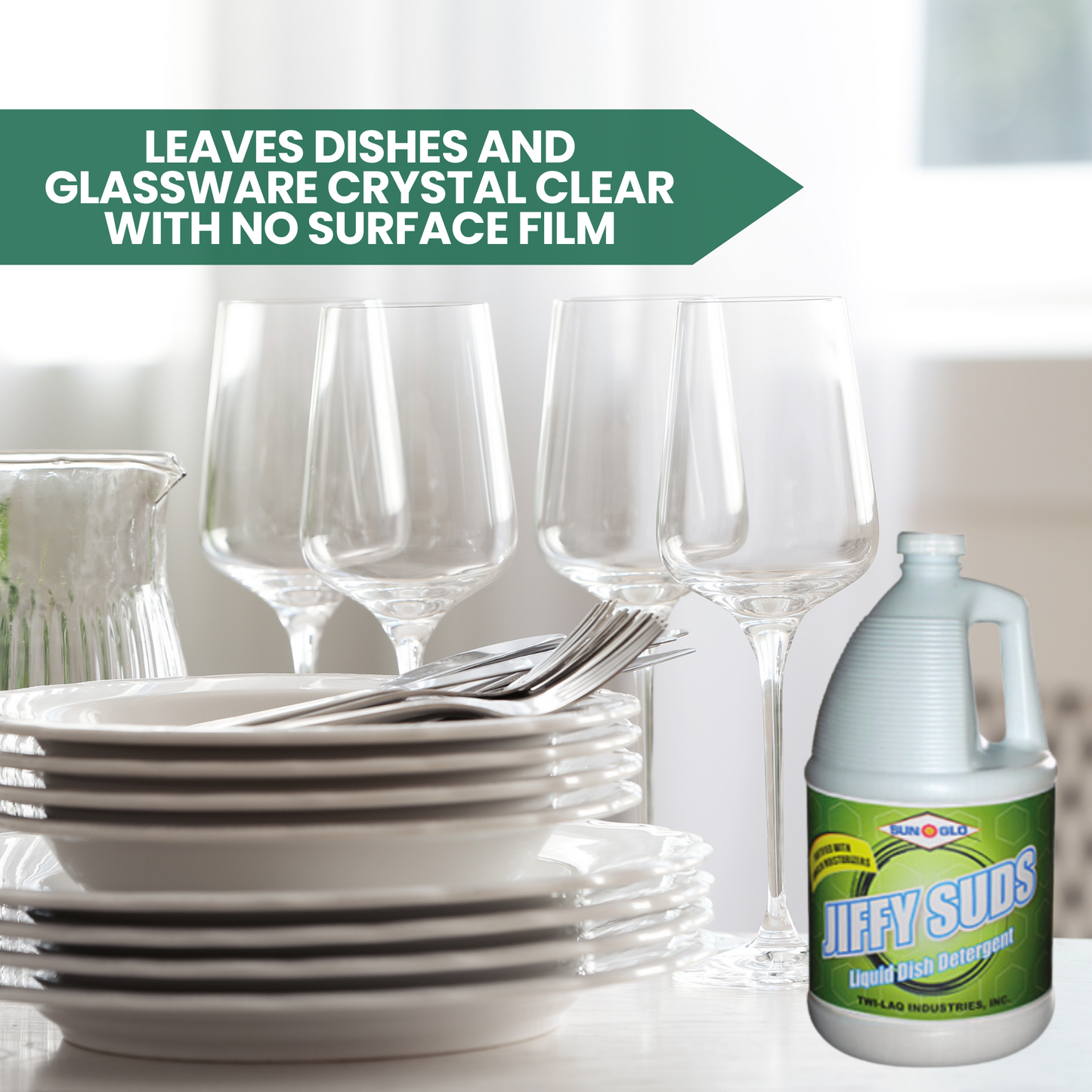 SUN-GLO Jiffy Sudz - Essential Dishwashing Liquid for Sparkling Dishes & Glassware - Gentle on Hands (4x1 Gallon Case)