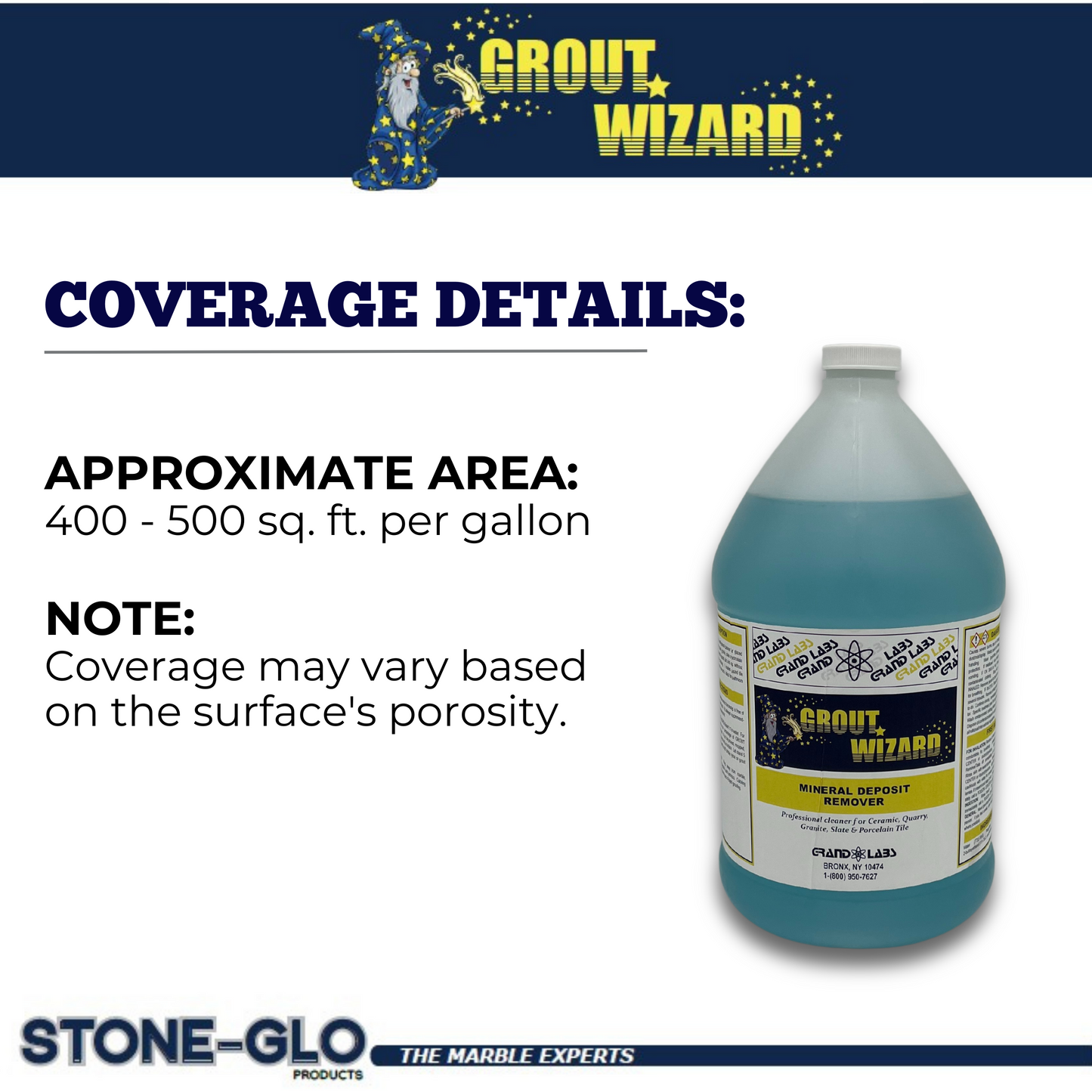 STONE-GLO Grout Wizard | by Grand Labs Grout Radiance Ultra - Premium Mineral Deposit Grout Cleaner & Stain Remover for Ceramic, Quarry, Granite, Slate and Porcelain Tile Finish