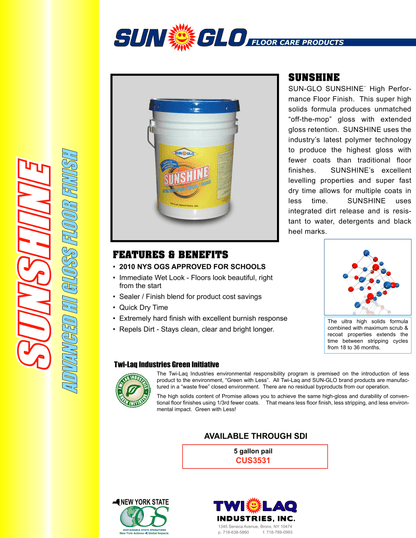 SUN-GLO Sunshine  - Floor Finish,  Wet-Look Floor Finish with High Solids Formula for Exceptional Film Clarity, Repels Soil and Scratches - 5 Gallon Pail