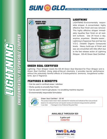 SUN-GLO Lightning - Floor Stripper - Industrial Strength, Fragrance-Free, Low VOC, Highly Concentrated Wax Suitable for All Resilient Surfaces (5 Gallon Pail)